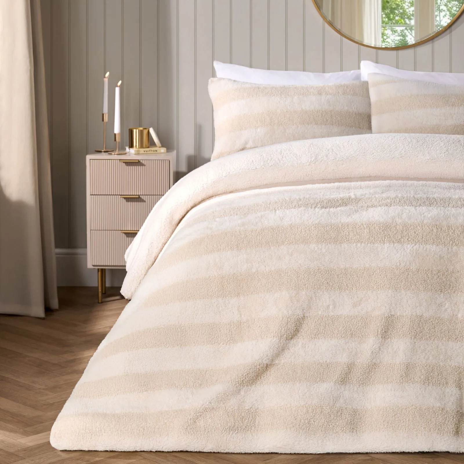 OHS Tufted Boucle Stripe Duvet Cover with Pillowcase Bedding Set in Natural