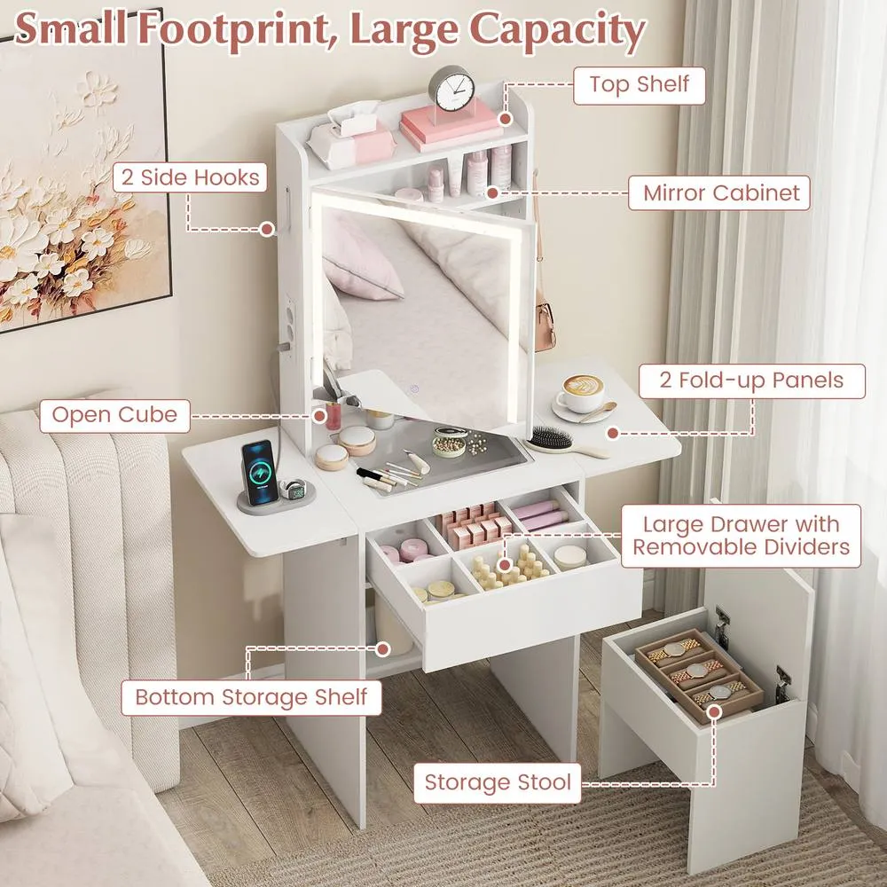 Costway Compact Vanity Desk Makeup Dressing Tablew/ Power Outlets & Mirror in White 5
