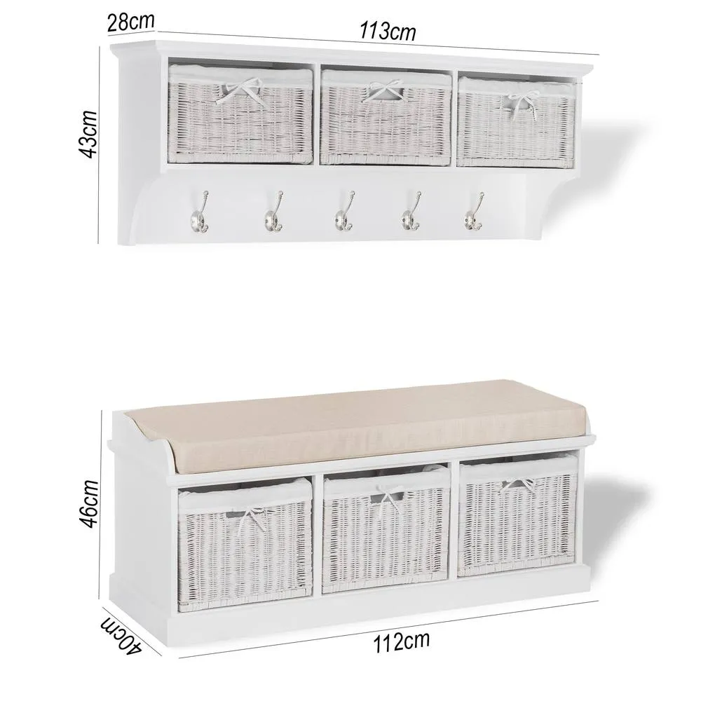 Statement Furniture Tetbury 3 White Wicker Basket & Cream Cushion Hallway Set 2