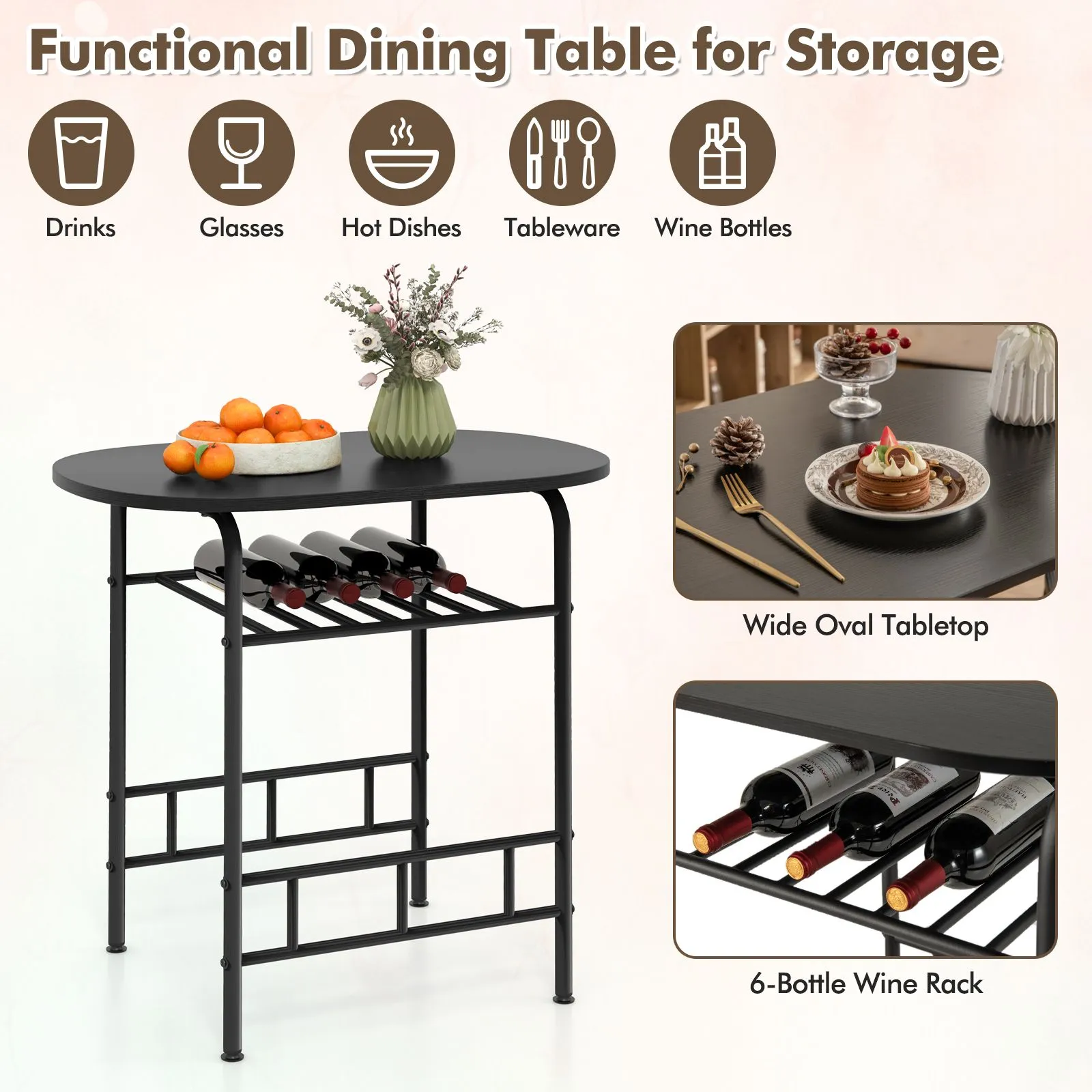Costway 3-Piece Dining Table Set Kitchen Breakfast Nooks Table & Chairs in Black 6