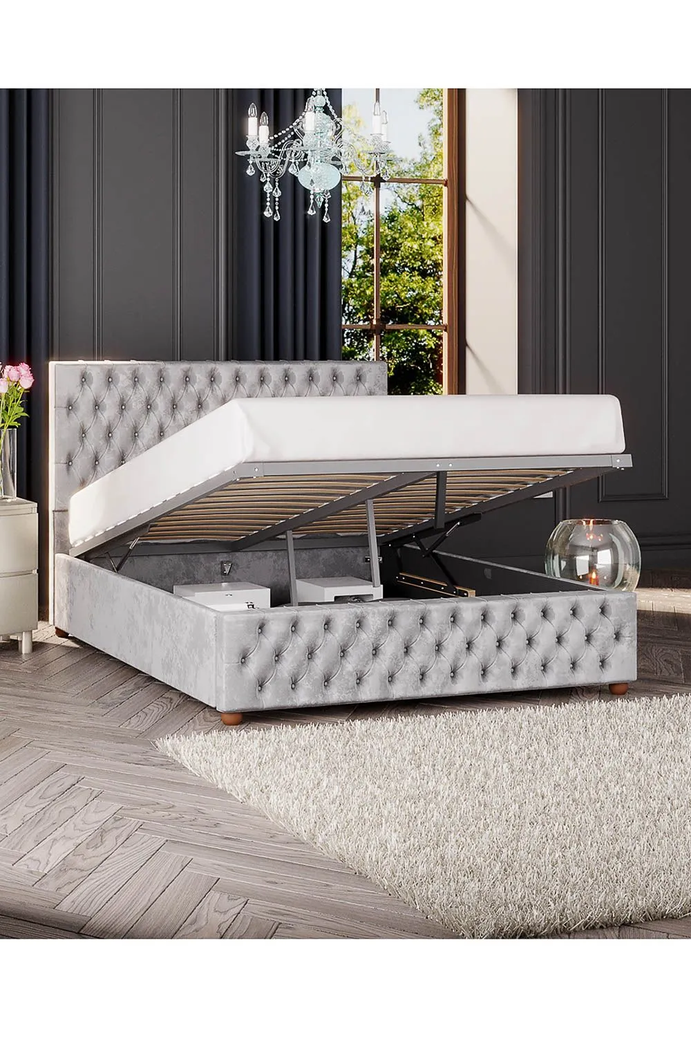 Laurence Llewelyn-Bowen Seren Ottoman Storage Bed in Mirazzi Velvet Fabric, Custom Made in Silver 2