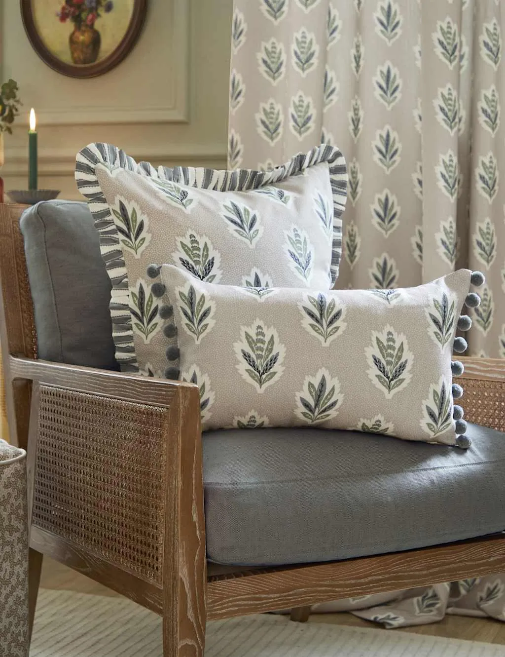 Sanderson Sessile Leaf Striped Pom Pom Cushion Natural Mix
