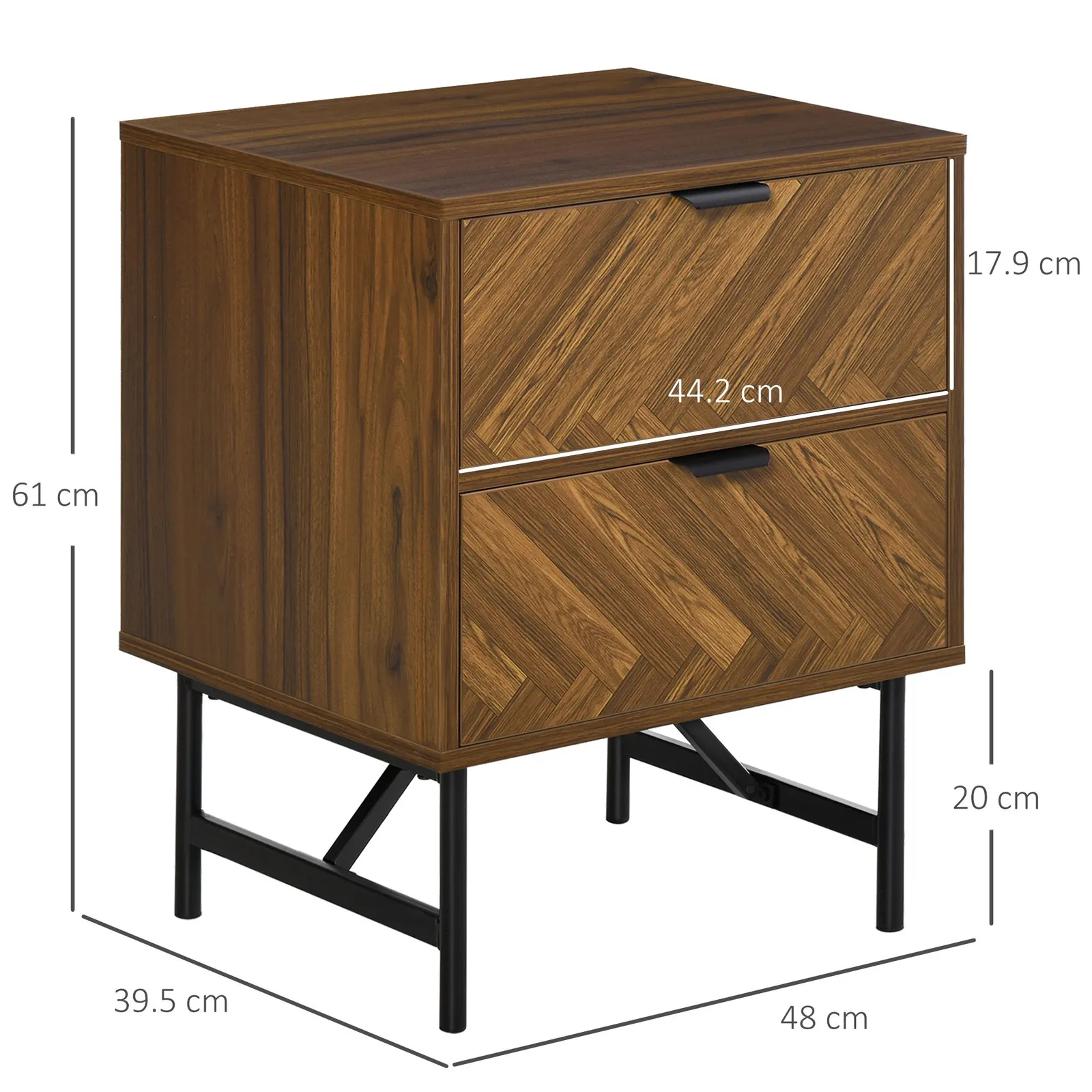 HOMCOM Two Drawer Herringbone Bedside Table Home Side Cabinet Storage in Brown 3