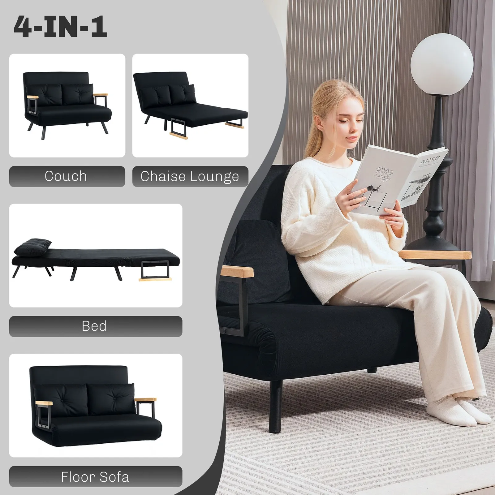 HOMCOM Click Clack 2 Seater Sofa Bed for Living Room, Guest Room in Black 4