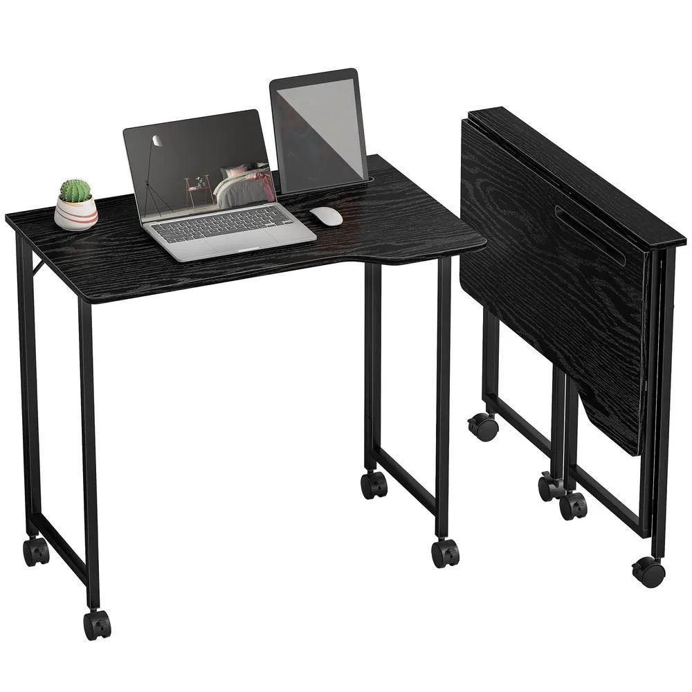 HOMCOM Small Writing Desk with Wheels, Folding Study Table in Black 2