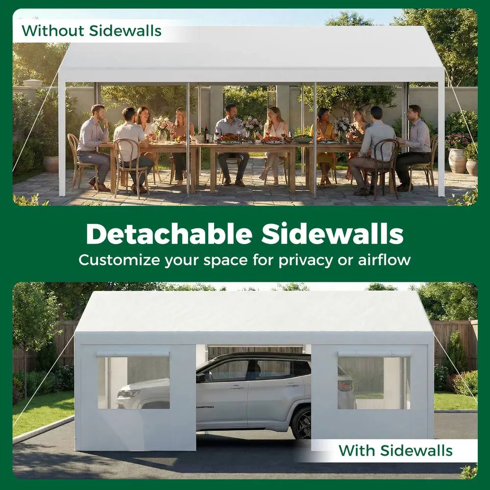 Costway 10 x 19 FT Car Canopy w/ Roll-Up Windows & Removable Doors Car Shelter in White 6