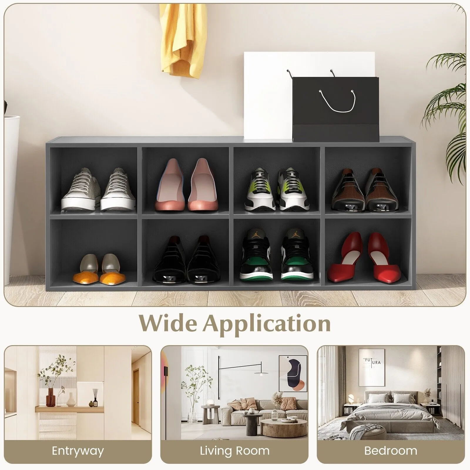 Costway 8-Cube Shoe Bench Entryway Shoe Rack Cabinet W/ 8 Storage Cubbies in Grey 6