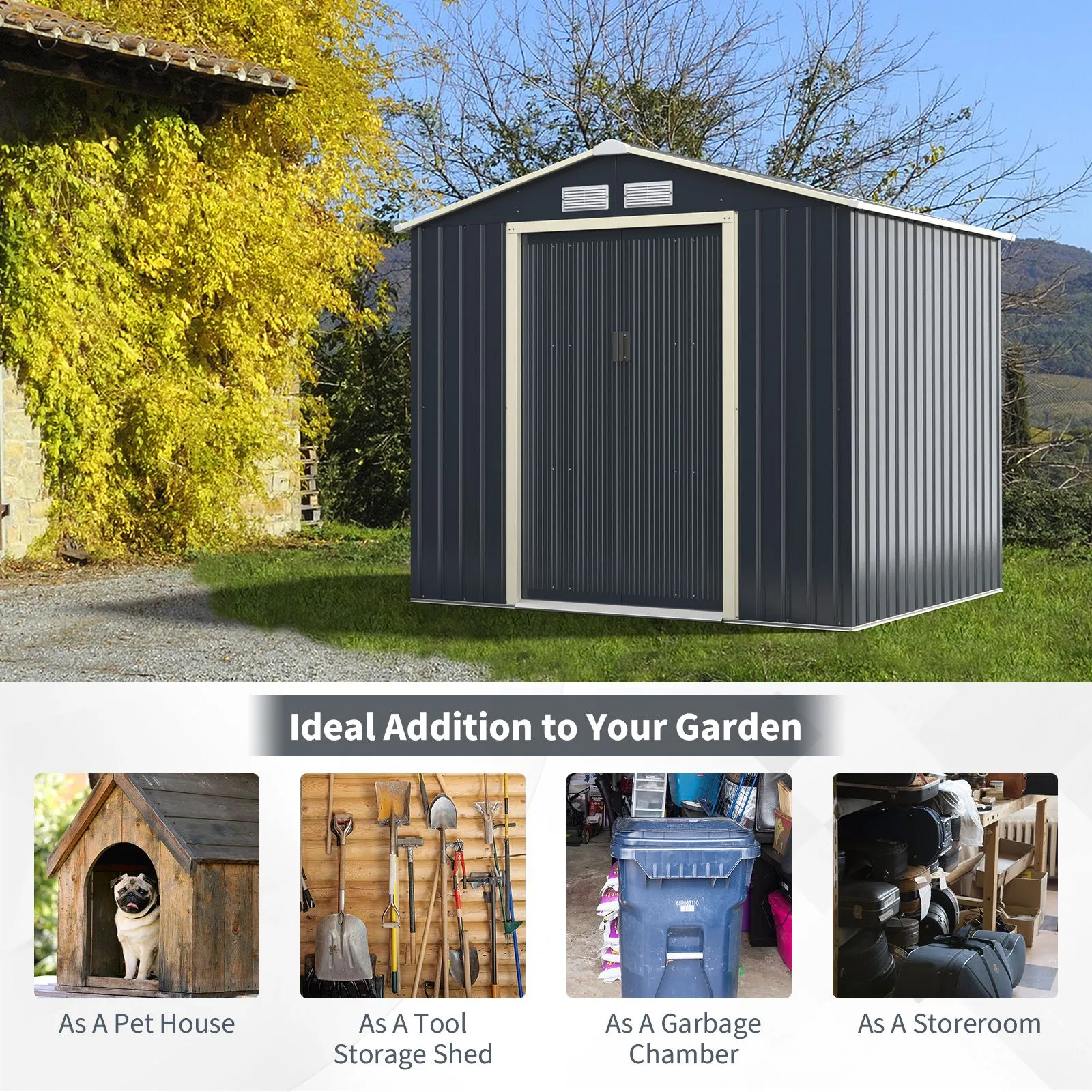 Costway 7x4ft Metal Storage Shed & Extension Kit Lockable Tool Storage House in Grey 5