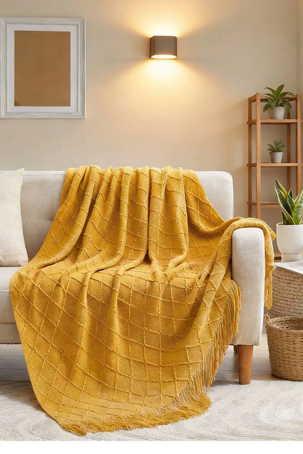 Living and Home Pattern Knitted Throw Blanket with Fringed Edges in Yellow