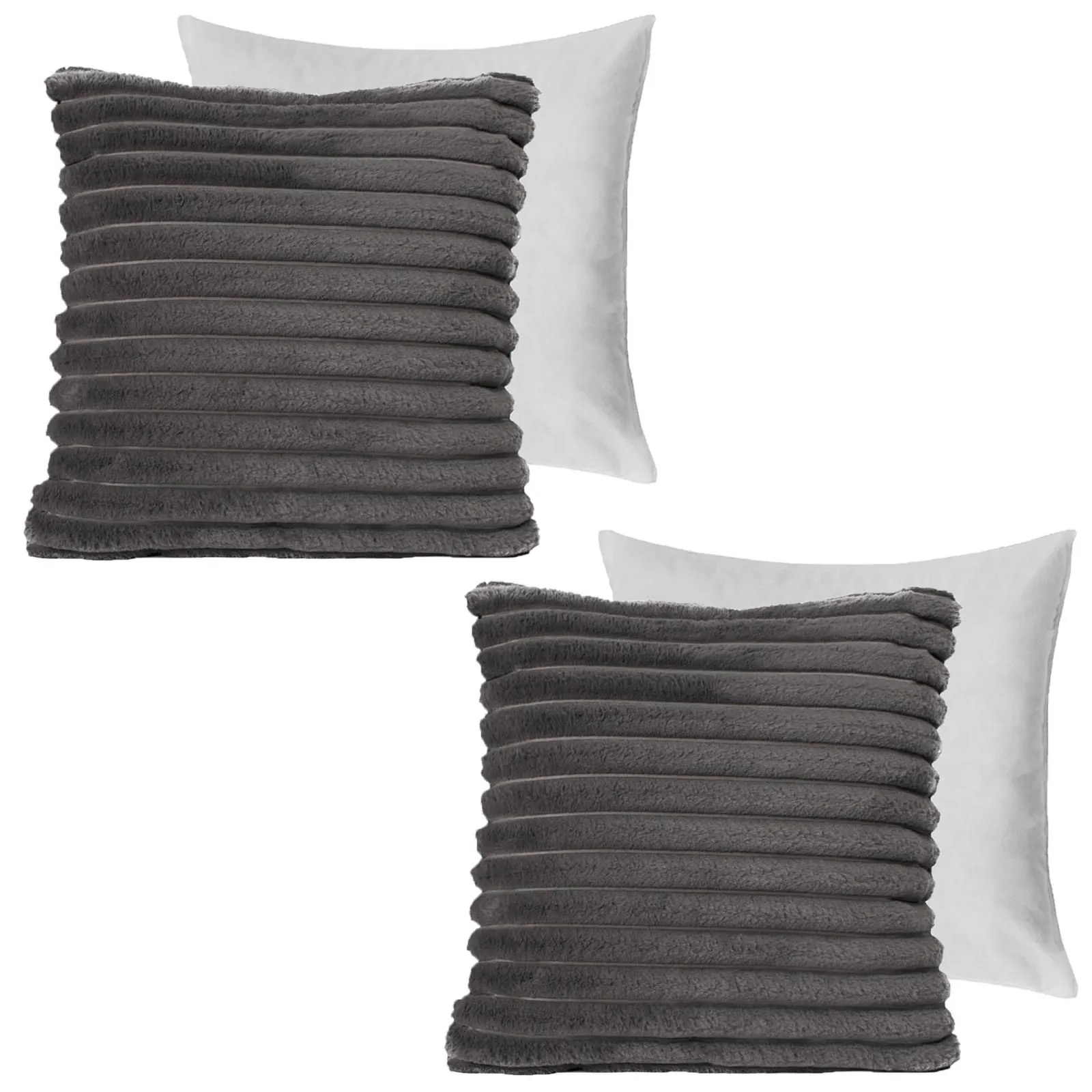 OHS 2 x Faux Fur Thick Rib Filled Cushion Covers in Charcoal