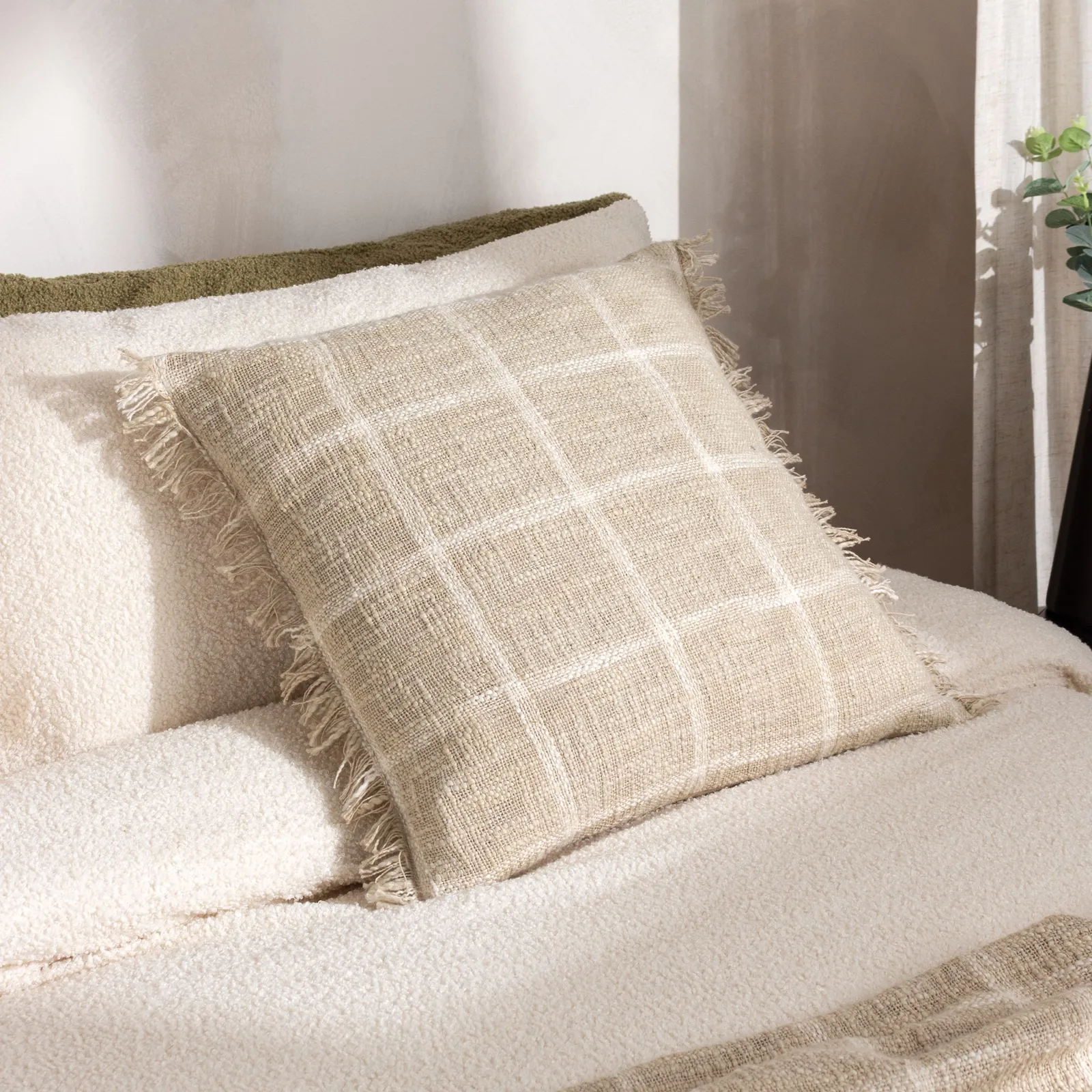 Yard Beni Check 100% Cotton Fringed Cushion in Stone