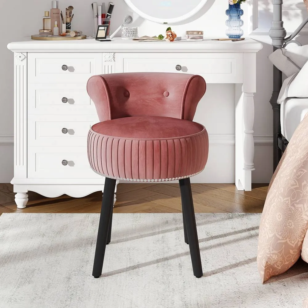 Costway Velvet Vanity Stool w/Tufted Back Upholstered Vanity Makeup Chair in Pink 5