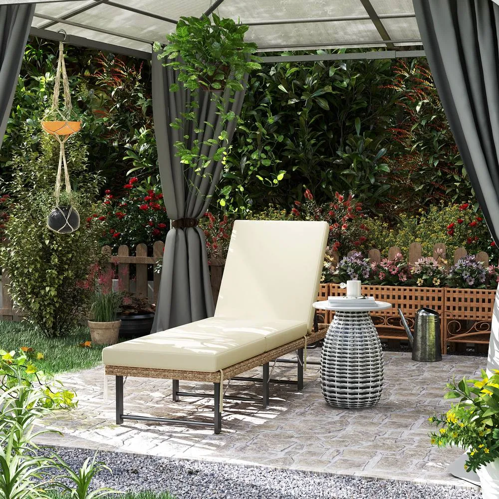 OUTSUNNY Folding Rattan Sun Lounger with Adjustable Back, Cushion, Natural