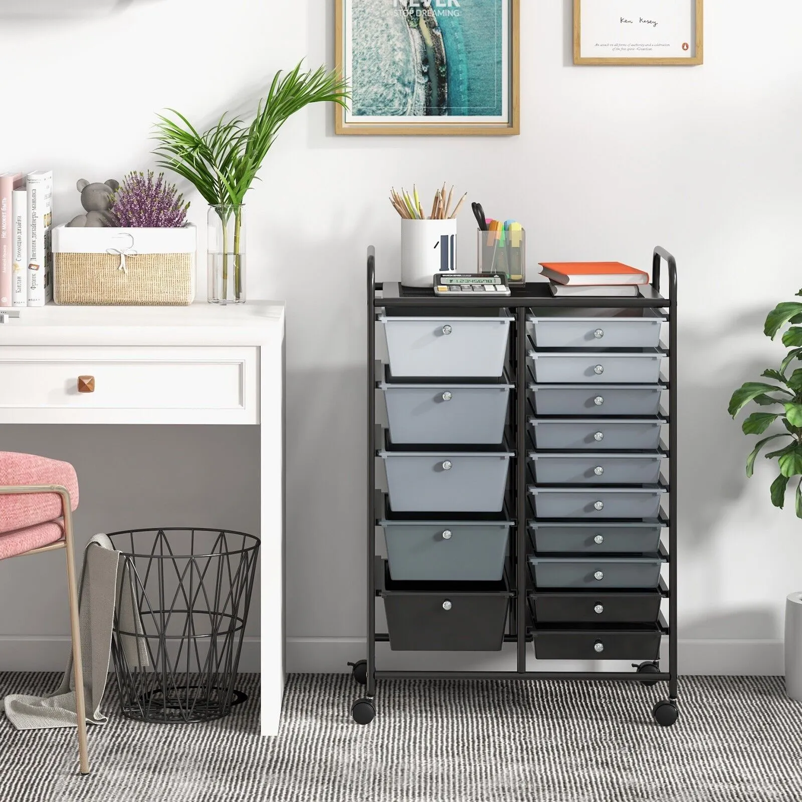 Costway 15 Drawer Rolling Storage Cart Tools Scrapbook Paper Organizer Lightweight in Grey 4