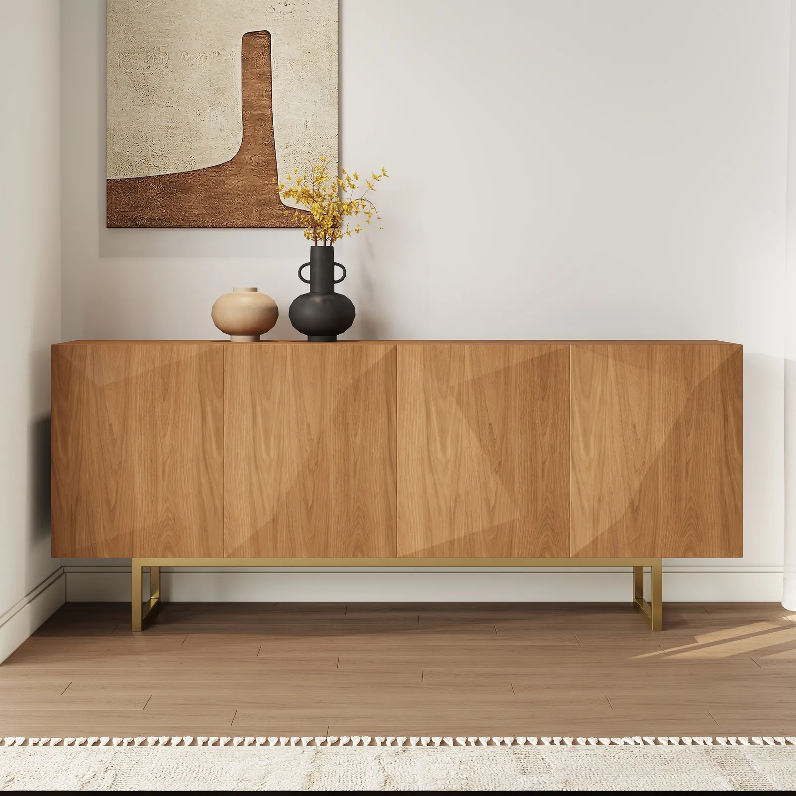 180 cm Modern Natural&Yellow Sideboard Kitchen Cabinet with djustable Shelves