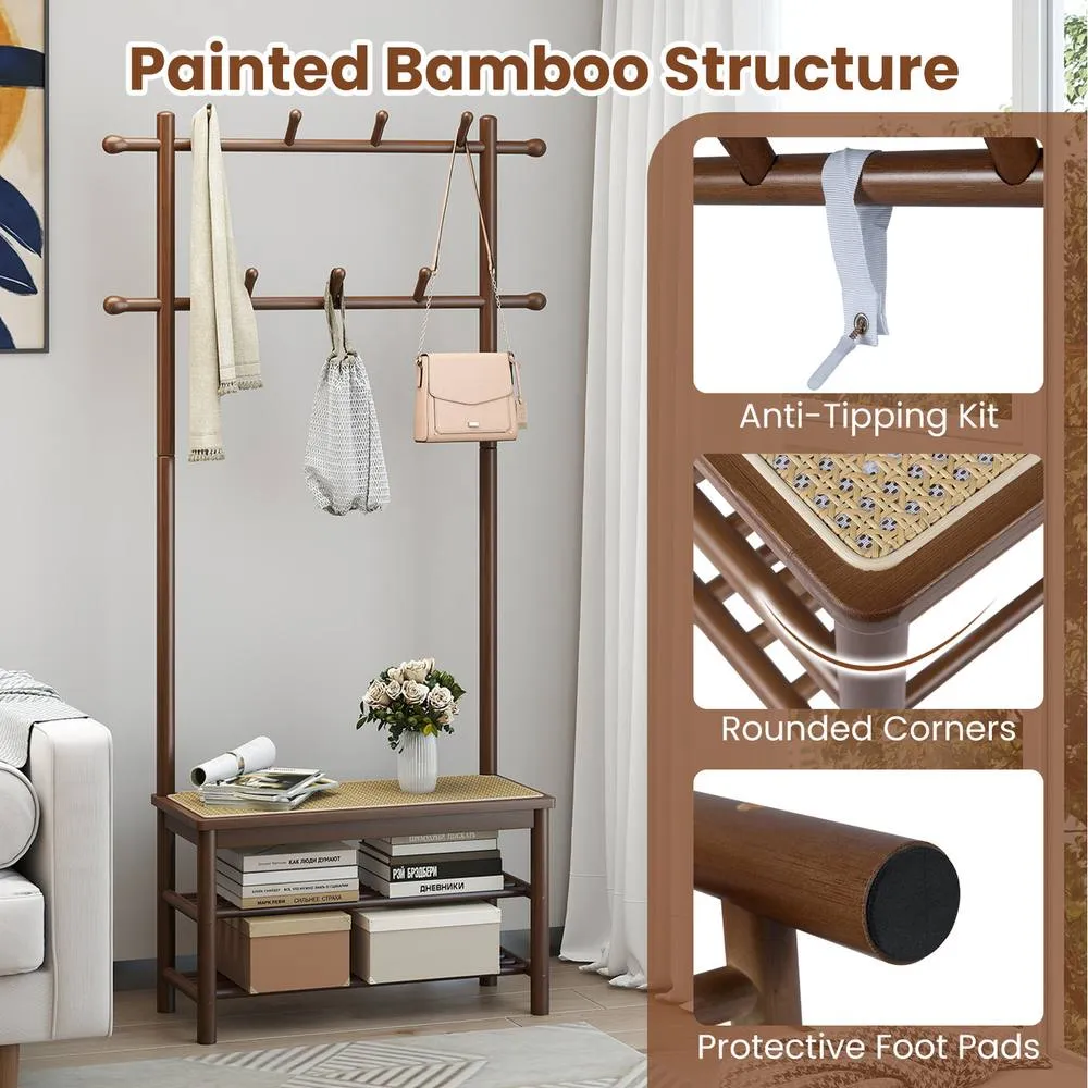 Costway Bamboo Coat Rack PE Rattan Hall Tree with Bench & Shoe Storage-Brown in Brown 3
