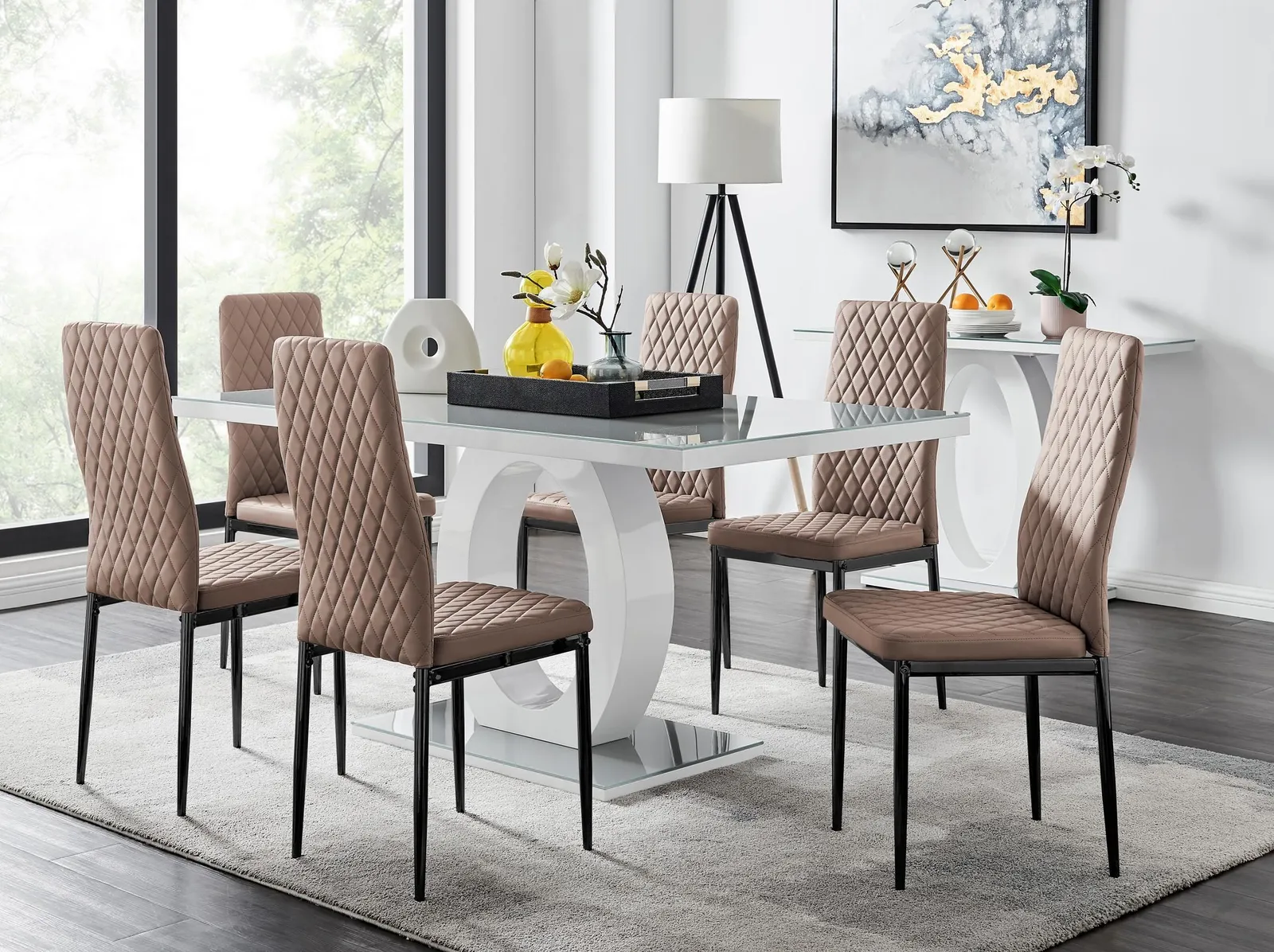 FurnitureboxUK Giovani 6-Seater Grey Glass Dining Table & 6 Milan Faux Leather Dining Chairs in Beige