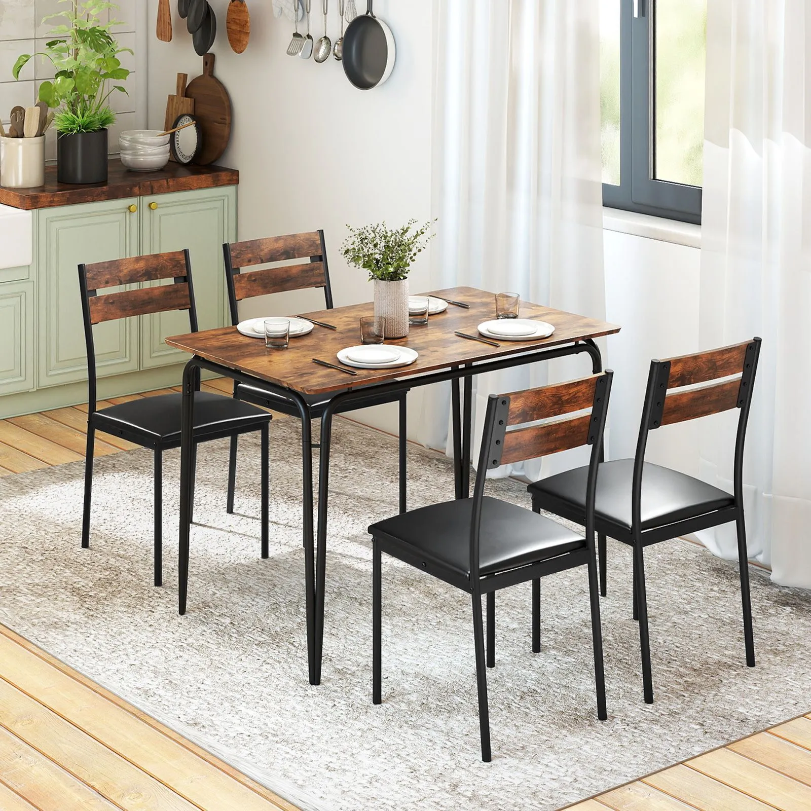 Costway 5PCS Dining Table Set Rectangular Kitchen Table & 4 Armless Chairs in Brown 2