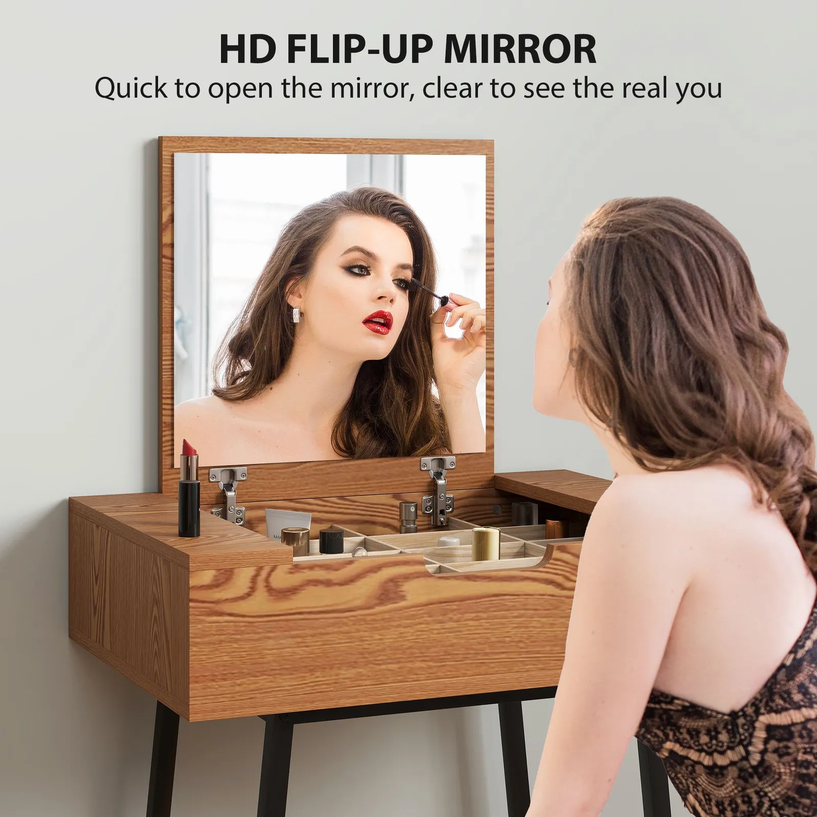 HOMCOM Industrial Vanity Desk with Mirror & Steel Legs Natural Wood Effect 4