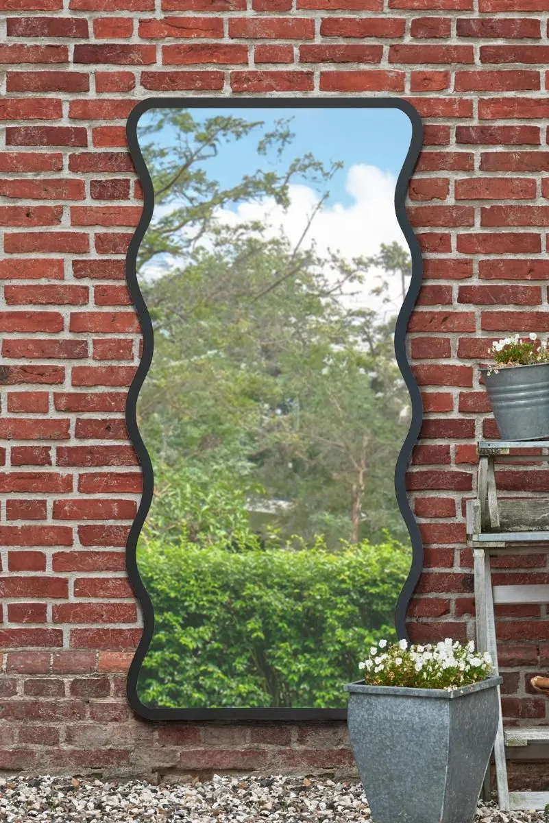 MirrorOutlet Black Metal Rectangular Wavy Framed Garden Wall Mirror (170 X 80CM)