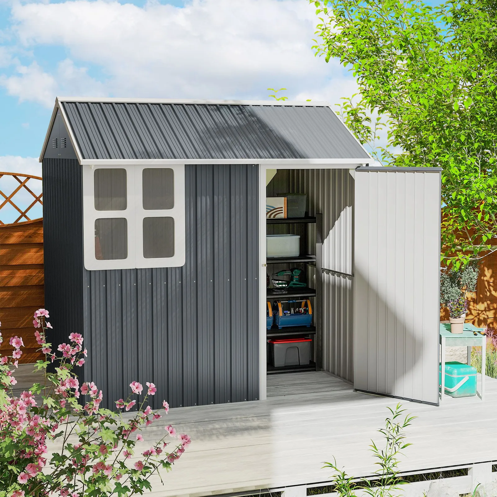 OUTSUNNY 7 x 6 ft Metal Garden Shed Outdoor Storage Shed with Doors Window Sloped Roof, Dark Grey