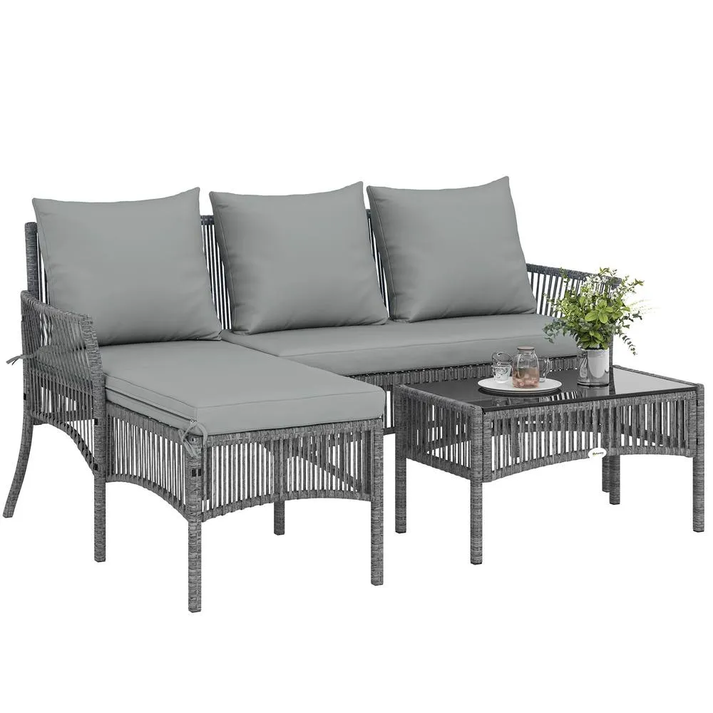 OUTSUNNY 3 Piece Rattan Garden Furniture Set with Cushions, Dark Grey 2