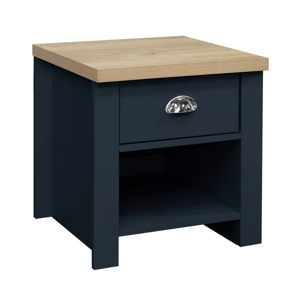 Highgate Navy Blue and Oak Wooden 1 Drawer Lamp Table