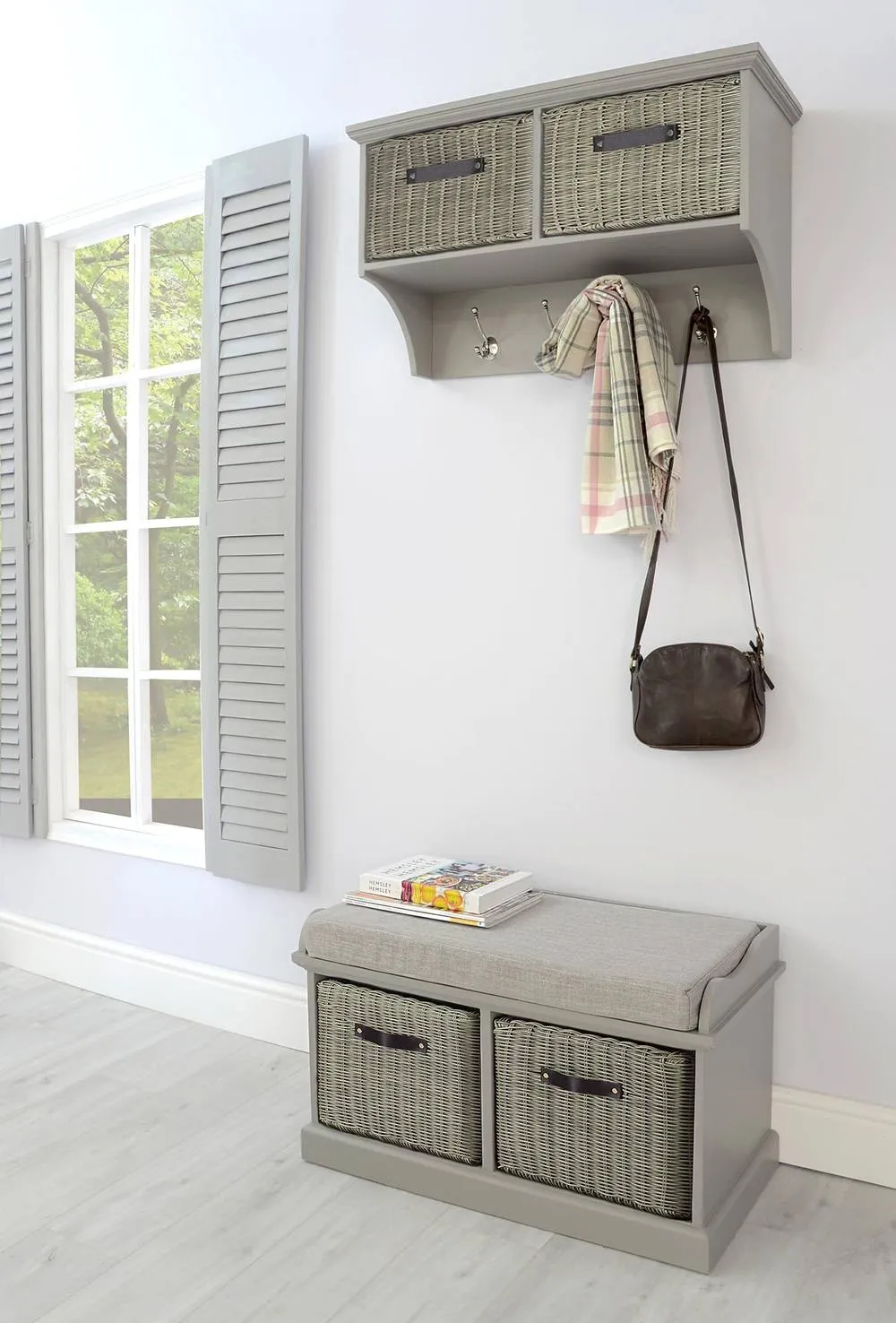 Statement Furniture Tetbury Coat Rack Hanging Shelf with 2 Grey Storage Baskets in Light Grey 5