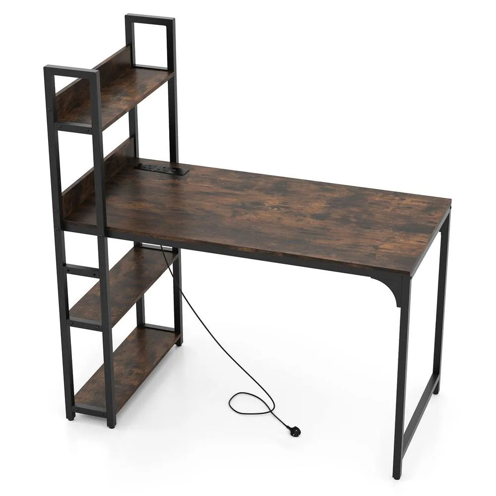 Costway Computer Desk 120 CM Study Writing Desk with Charging Station-Brown in Brown 2