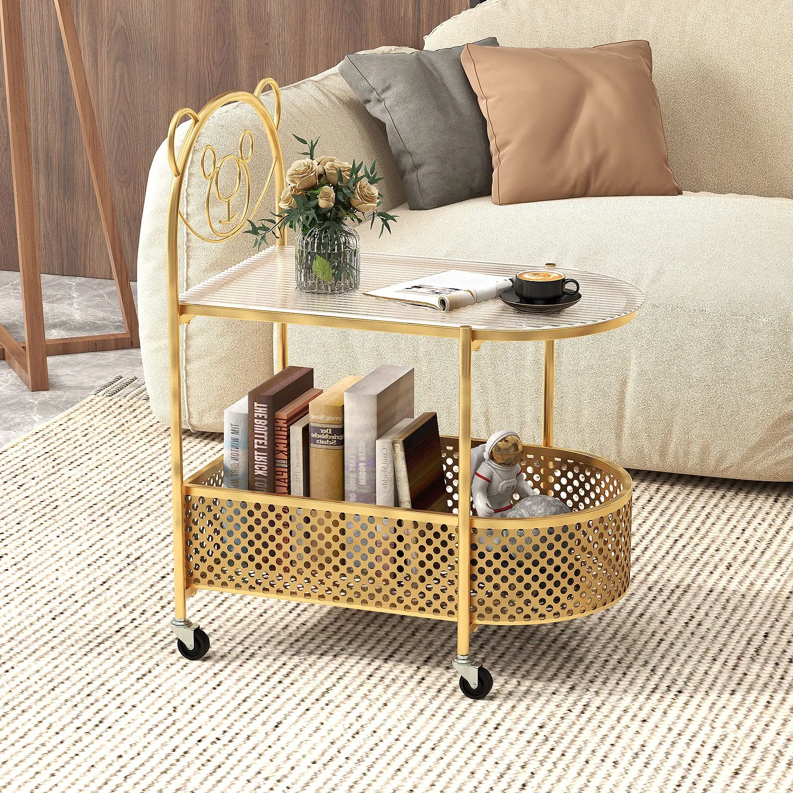 Costway Mobile Glass Coffee Table 2-Tier Modern Cocktail Table-Golden in Gold 3