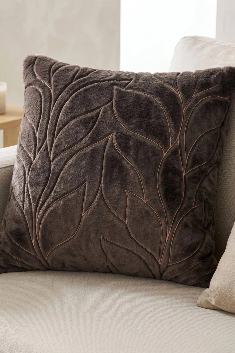 Homescapes Faux Fur Embossed Botanical Leaves Cushion with Cover in Brown 2