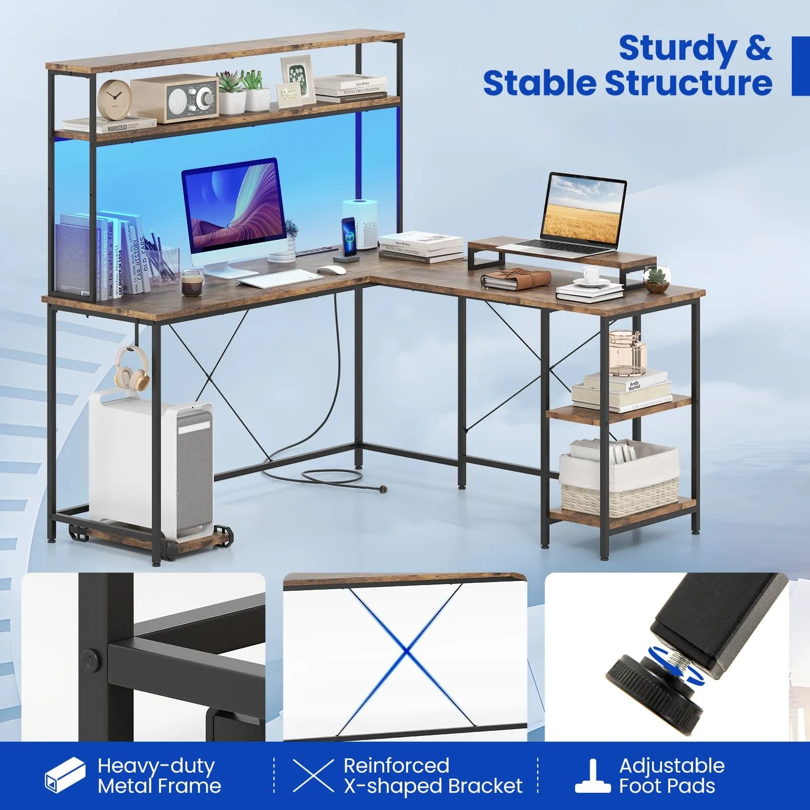Costway L-Shaped Gaming Desk Reversible Corner Computer Desk w/LED Strip in Brown 6
