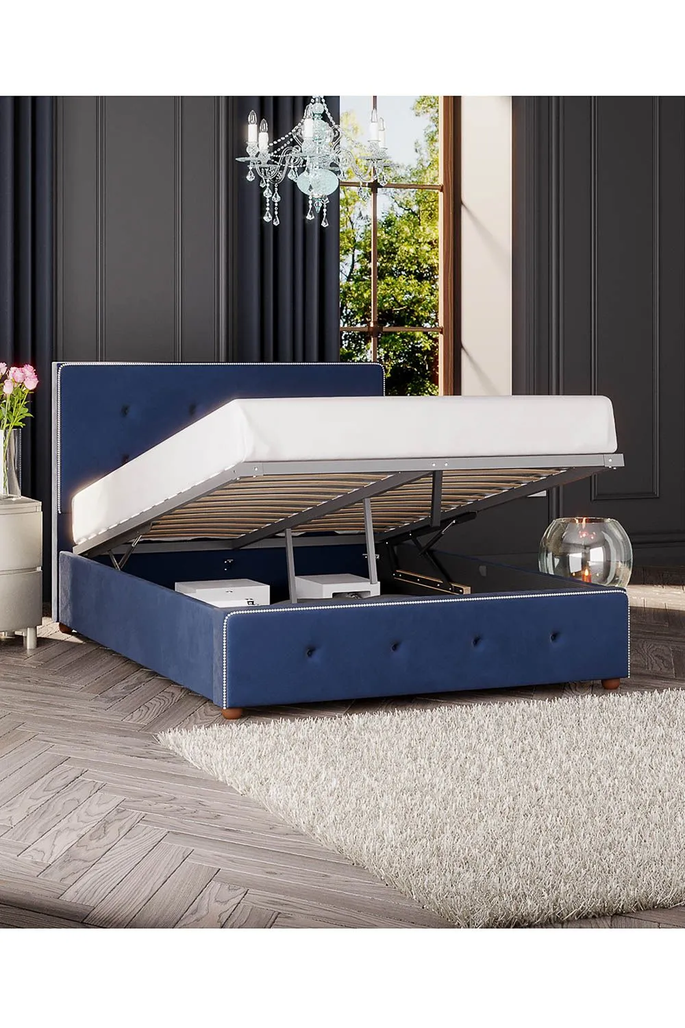 Laurence Llewelyn-Bowen Hesper Ottoman Storage Bed in Plush Velvet Fabric, Custom Made in Navy