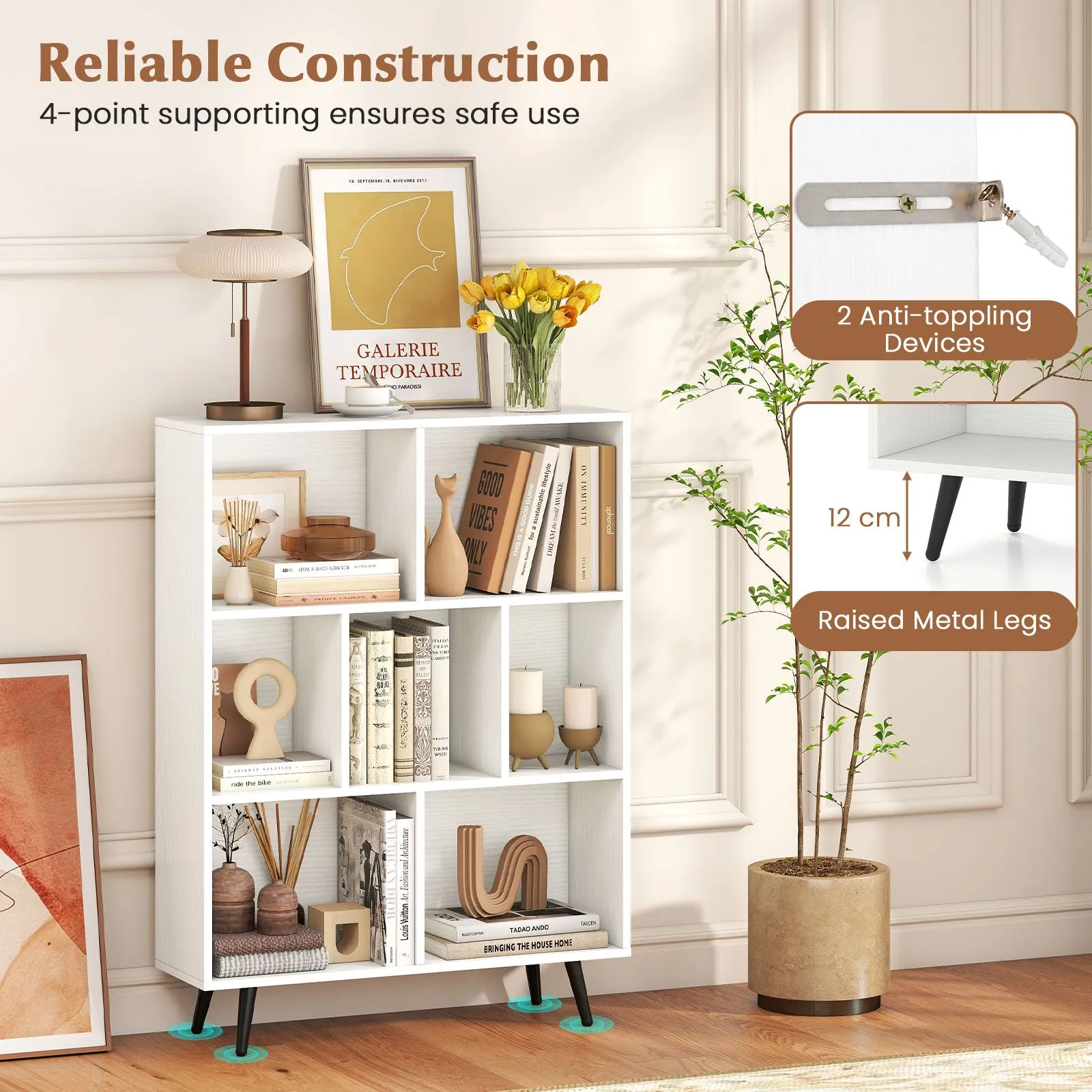 Costway 7-Cube Bookcase Mid Century Modern Storage Organizer in White 6