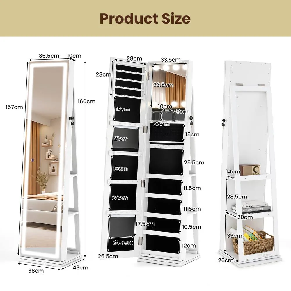 Costway 360° Swivel Jewelry Cabinet Freestanding Jewelry Storage Organizer in White 2