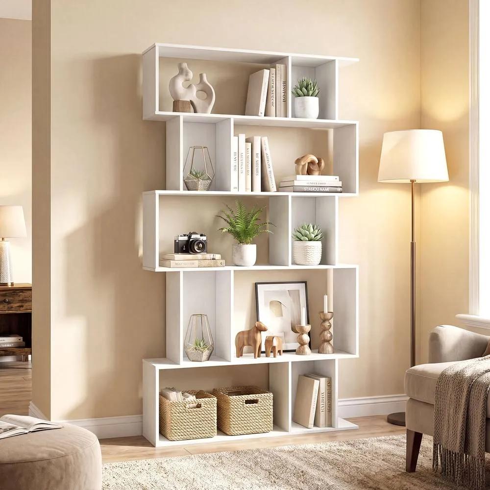 Costway Geometric Bookshelf 5-Tier Bookcase with Open Shelves in White 5