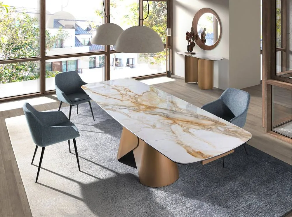 Angel Cerda Greyish-Blue Marbled Fabric Dining Chair with Black Steel Legs in Blue 4