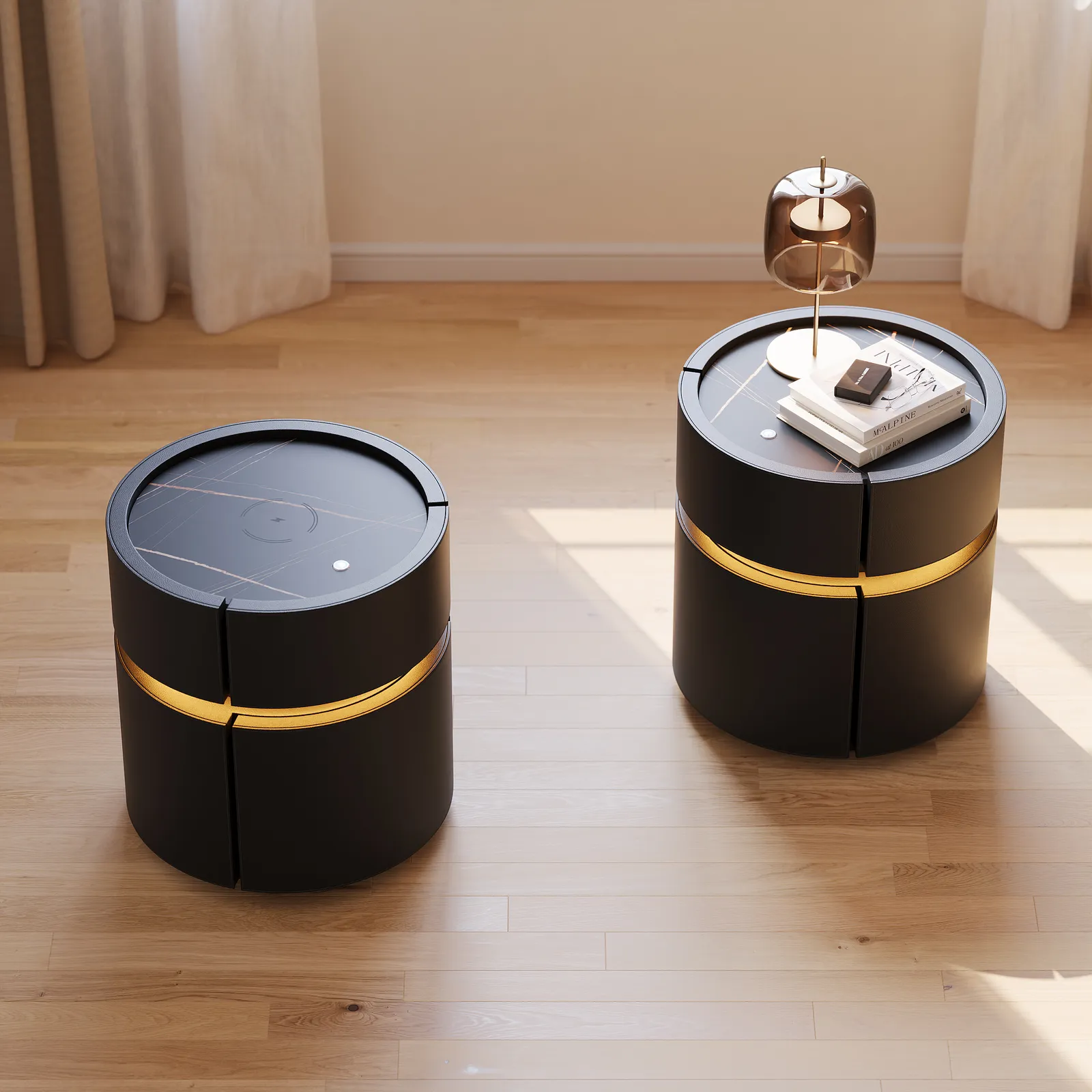 Round Saddle Leather Nightstand with Wireless Charging Bedside Table in Black Set of 2