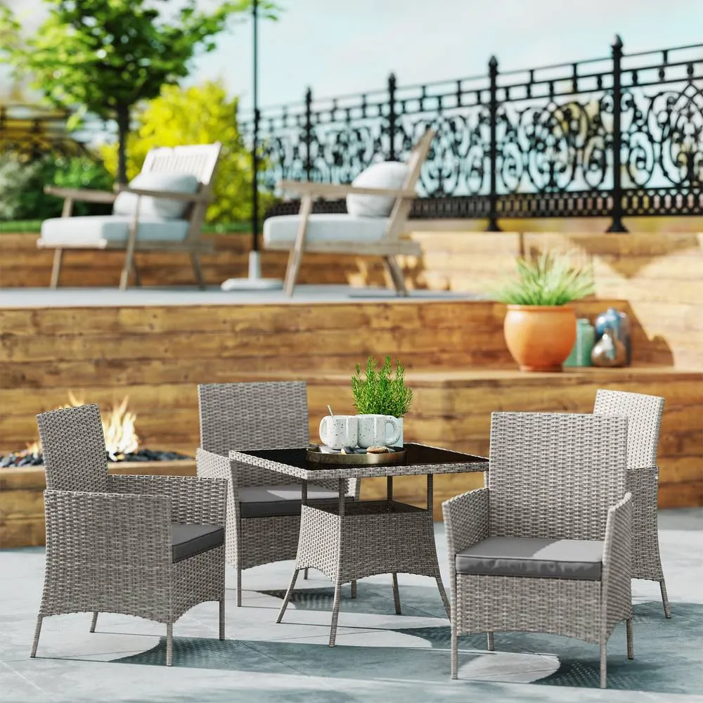 OUTSUNNY Rattan Outdoor Dining Table & Chairs for 4, Light Grey