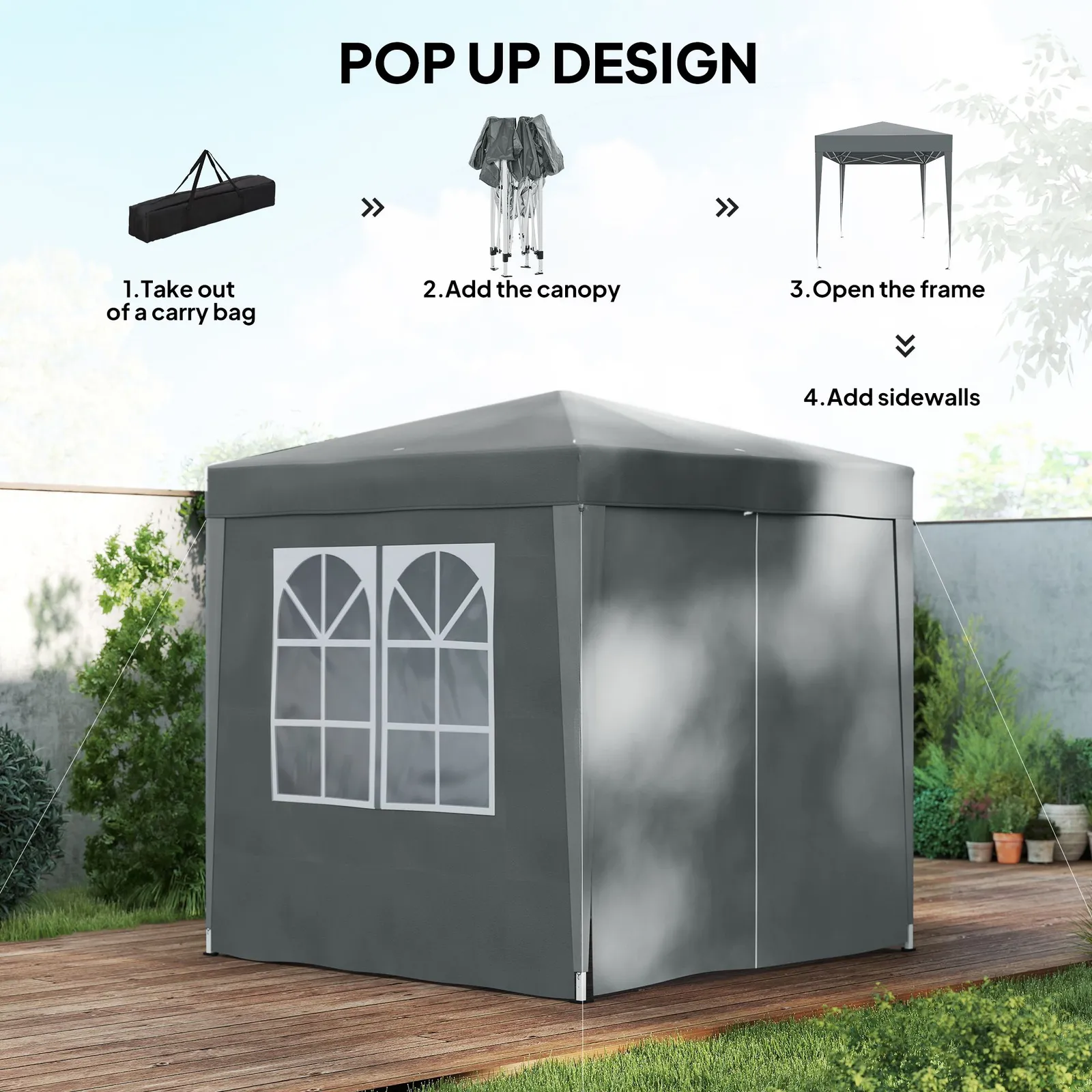 OUTSUNNY 2mx2m Pop Up Gazebo Party Tent Canopy Marquee with Storage Bag in Grey 4