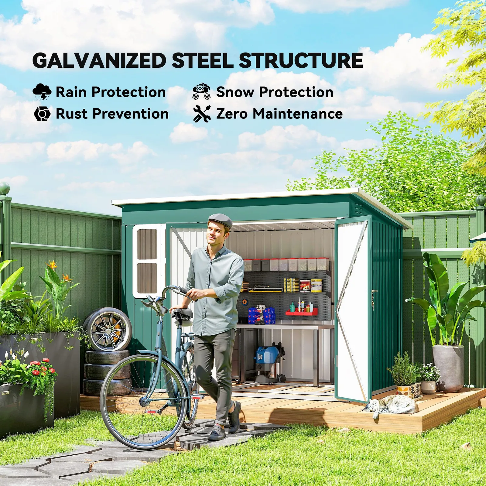 OUTSUNNY 8.5 x 6ft Galvanised Steel Garden Shed with Foundation Kit, Green 4