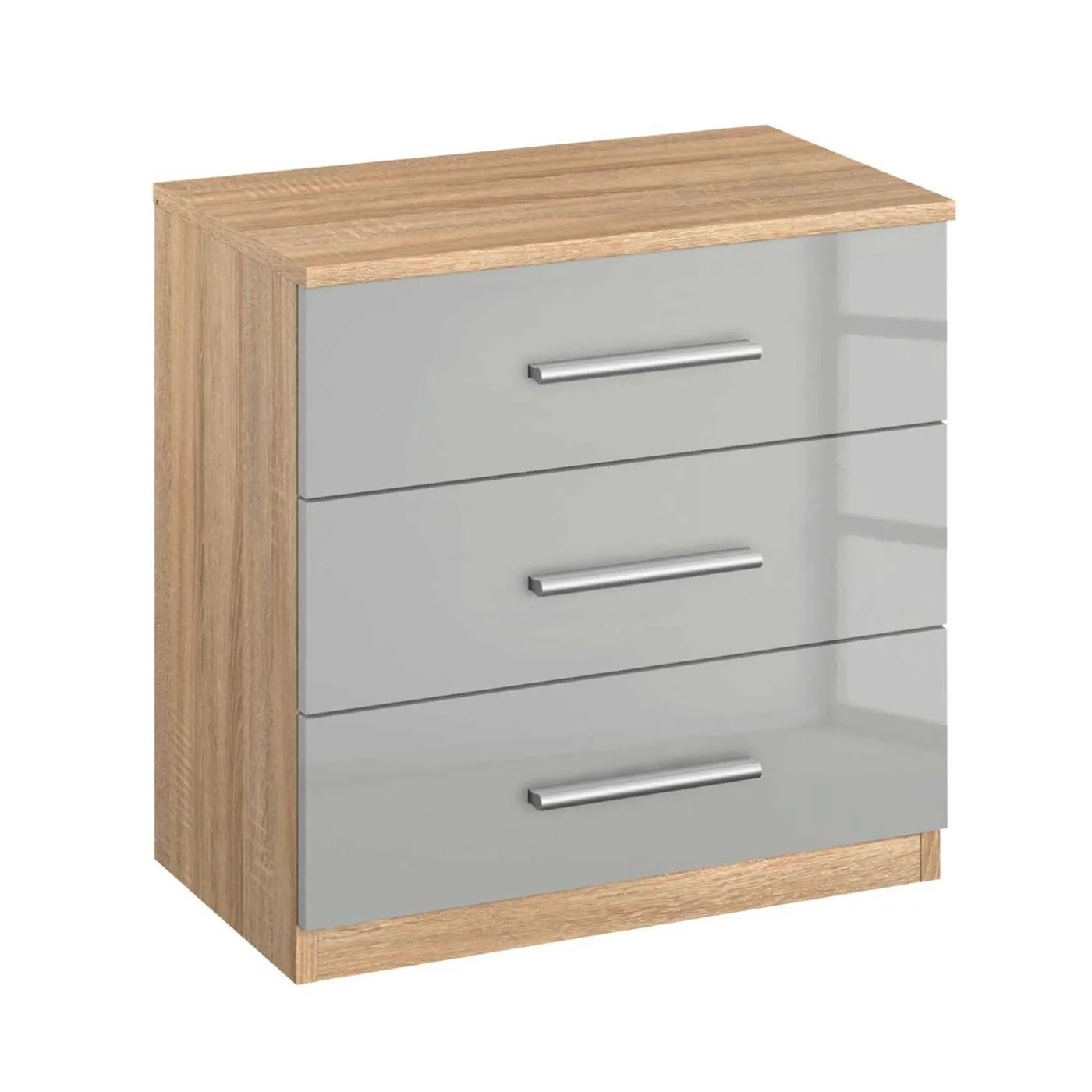 Celle 3 Drawer Bedside, Sonoma Oak and High Polish Soft Grey