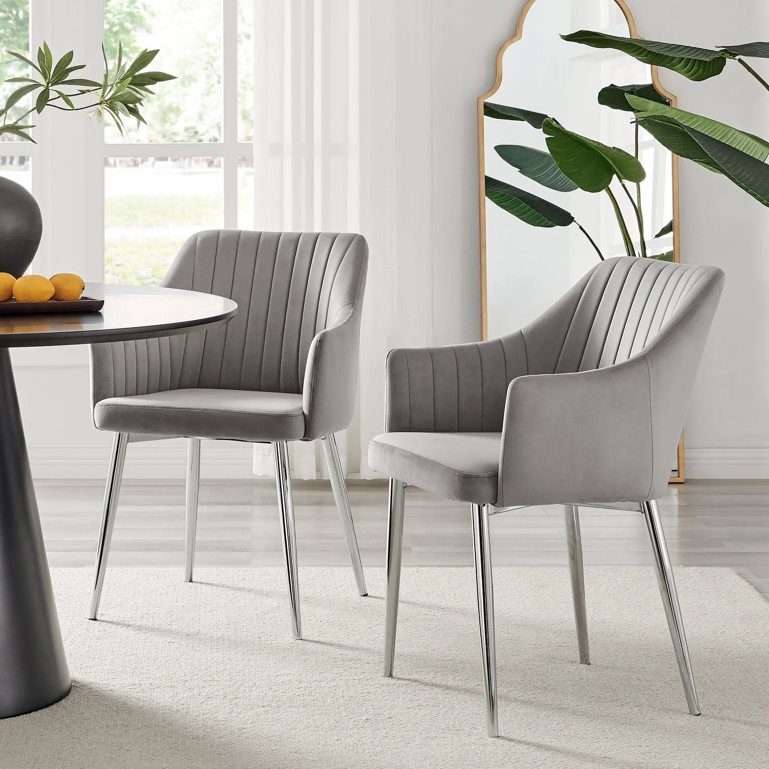 FurnitureboxUK Set of 2 Calla Deep Padded Dining Chairs Upholstered in Soft Velvet With Silver Chrome Legs in Grey
