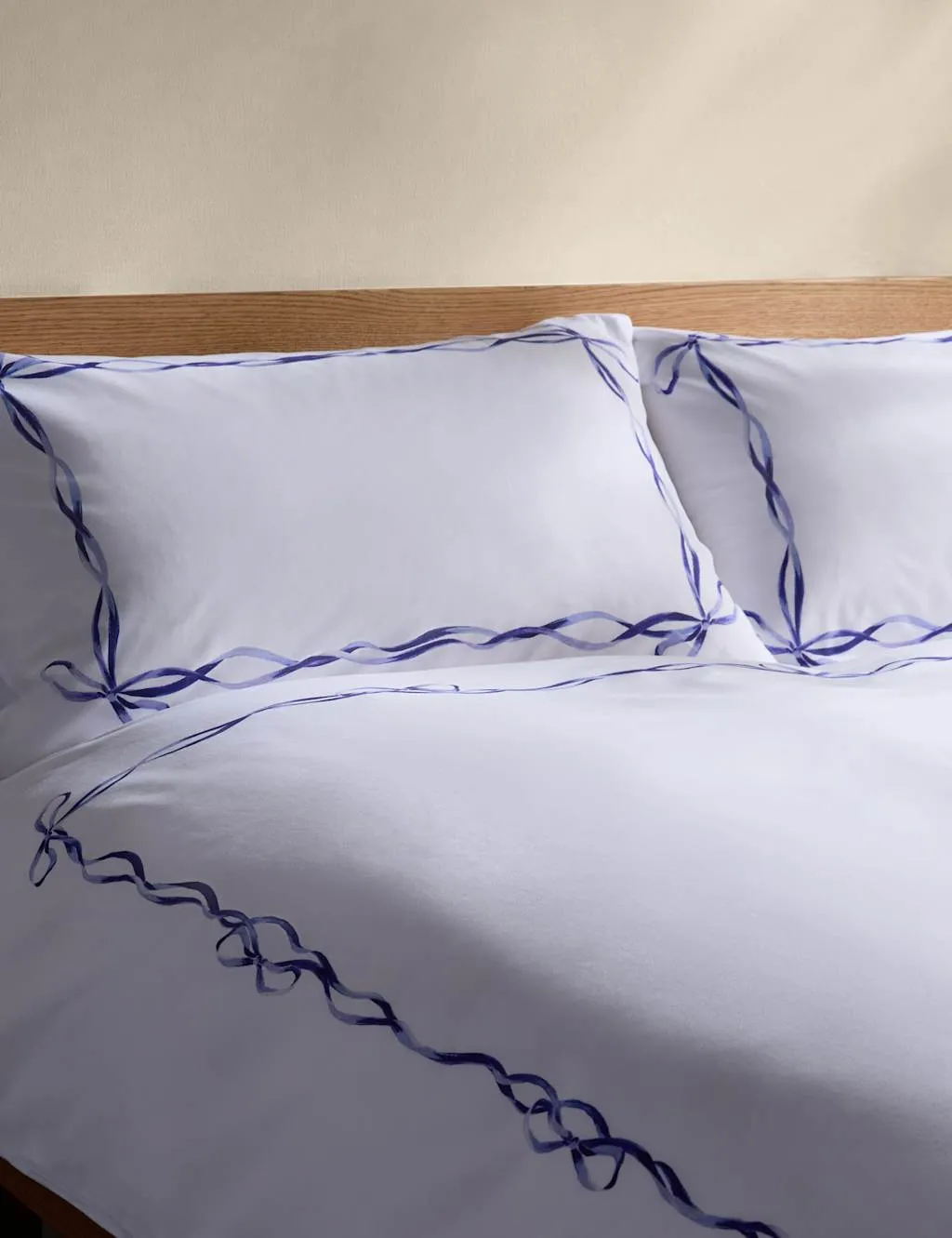 M&S Pure Cotton Bow Border Print Bedding Set Blue
