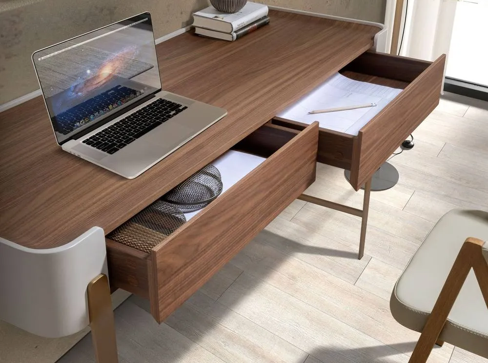 Angel Cerda Walnut Veneer Desk with Beige Lacquer & Gold 5