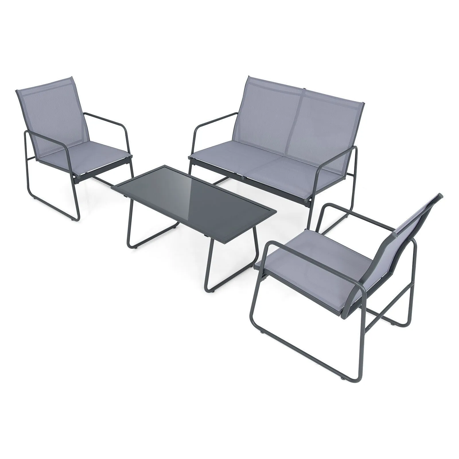 Costway 4PCS Garden Patio Table & Chair Set Outdoor Conversation Furniture Metal Frame in Grey