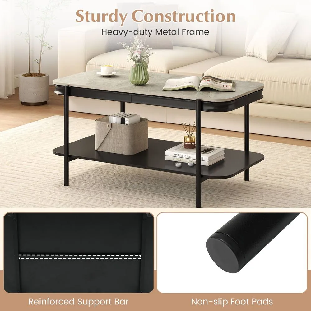 Costway Modern Rectangular Coffee Table 2-Tier Center Table in Grey 2