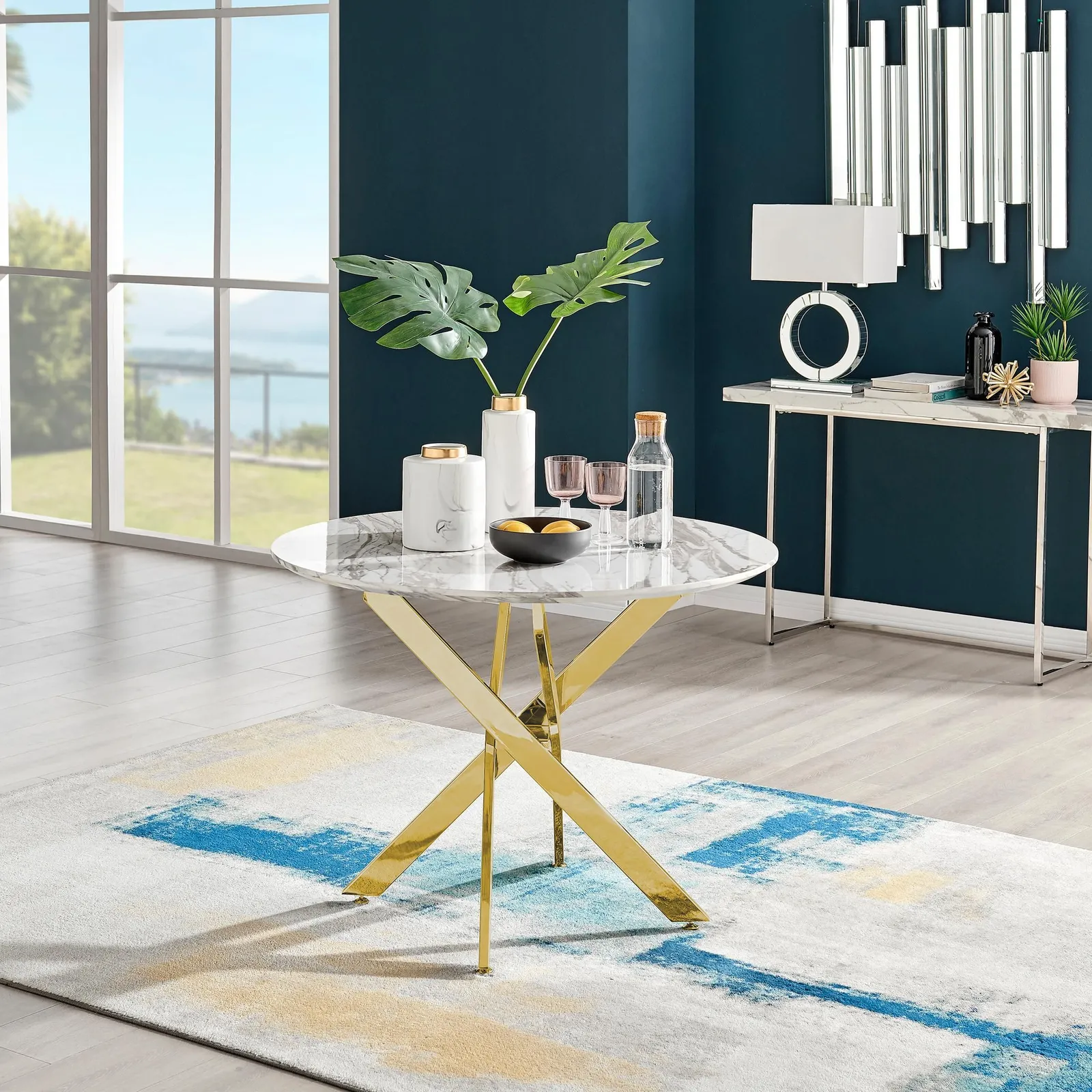 FurnitureboxUK Novara 100cm Round 4-Seater Dining Table With Gold Chrome Legs in Off-White 1