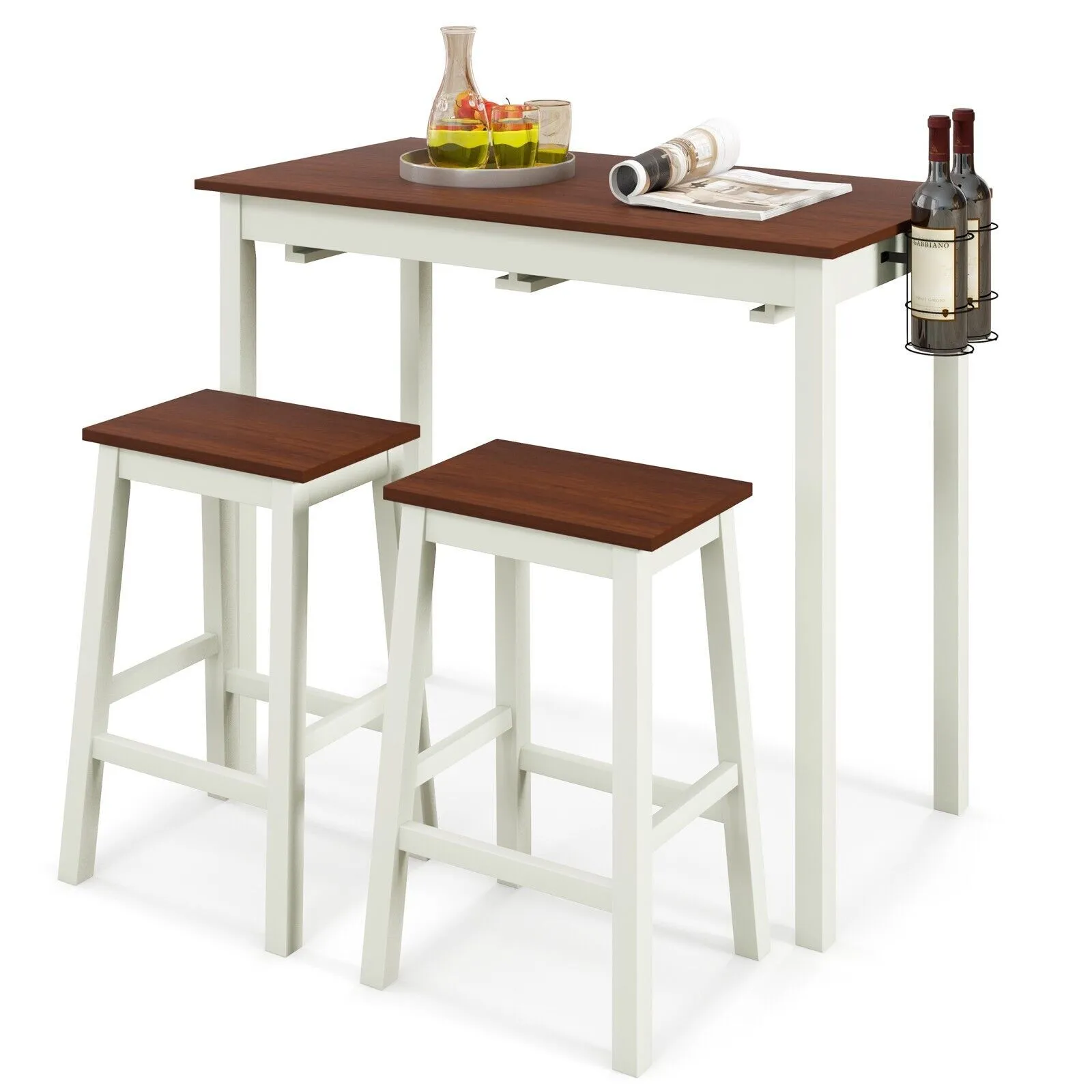 Costway 3Piece Bar Table Set Kitchen Counter Height Pub Table W/Bar Stools SpaceSaving in White