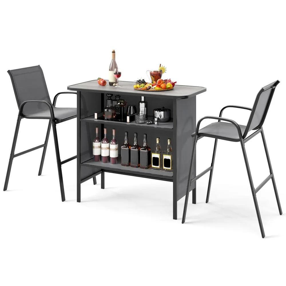 Costway 3 Piece Outdoor Bar Set Patio Bar Height Table & Chairs-Gray in Grey